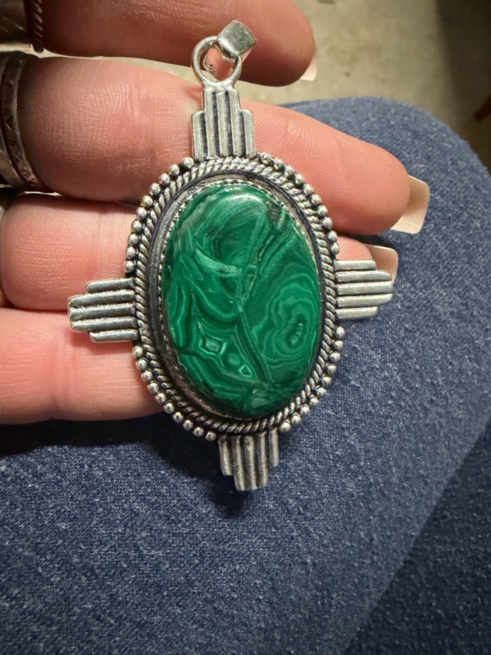 Green Malachite 925 Silver-Detail Pendant (no chain)